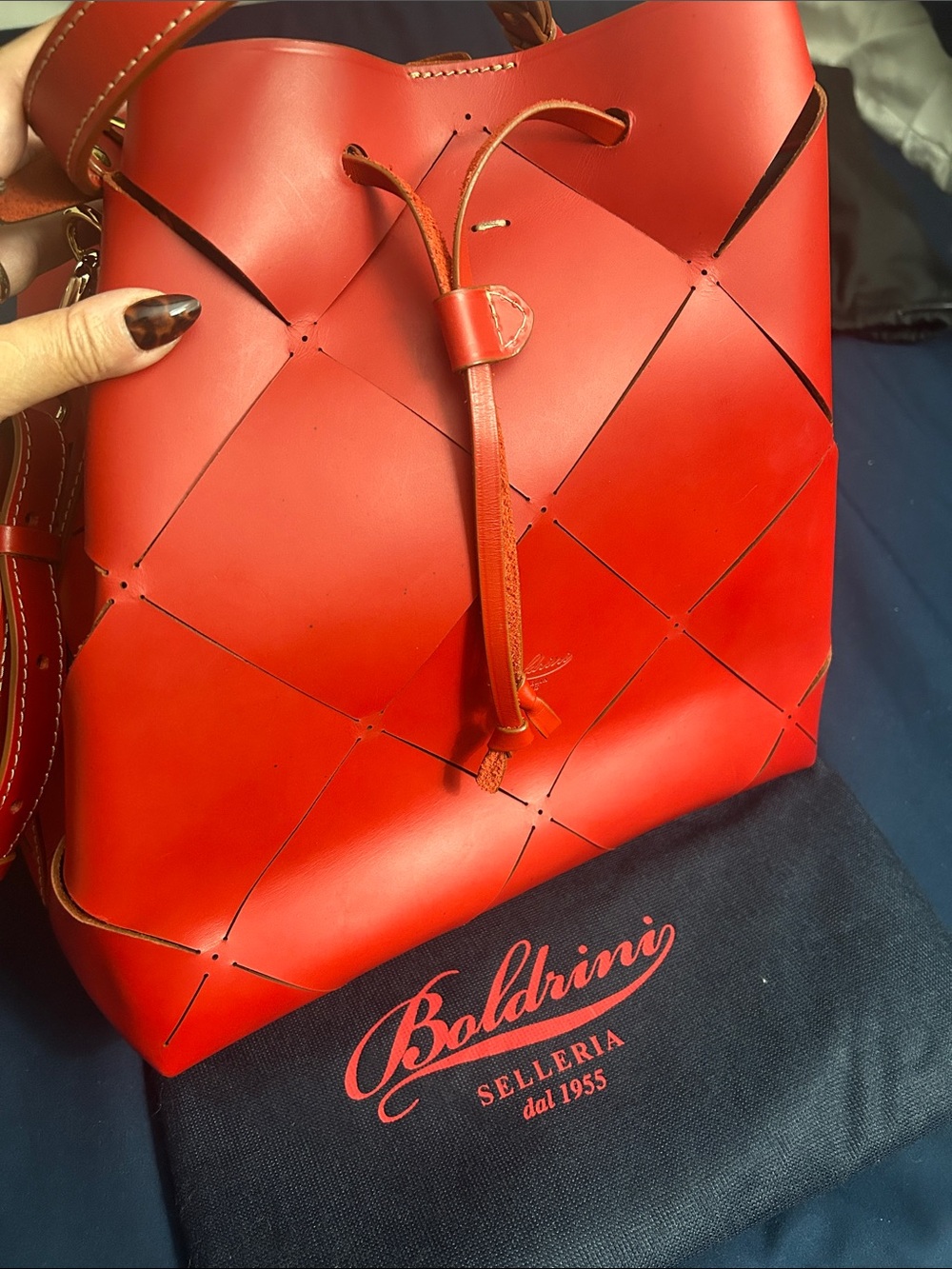 Boldrini Red Leather Laser-Cut Drawstring Tote